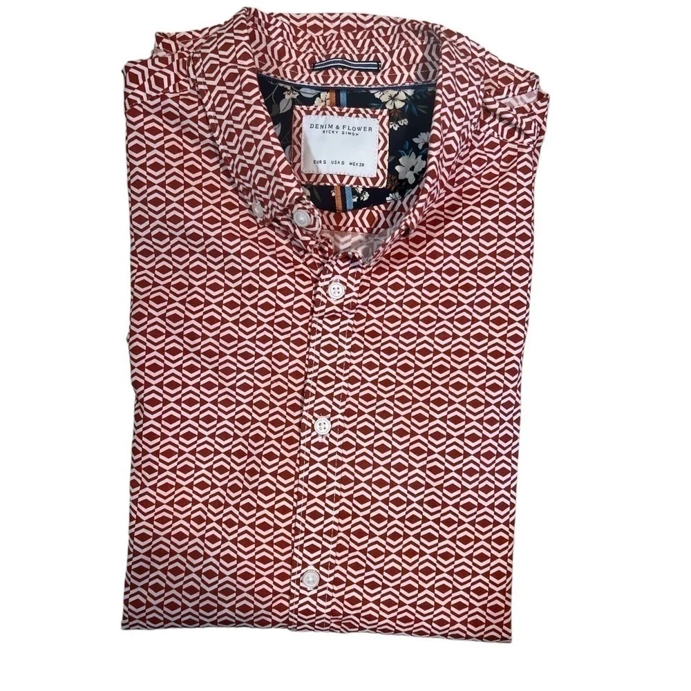 Denim & Flower 100% Cotton Retro Geometric Print Short Sleeve Button Front Small